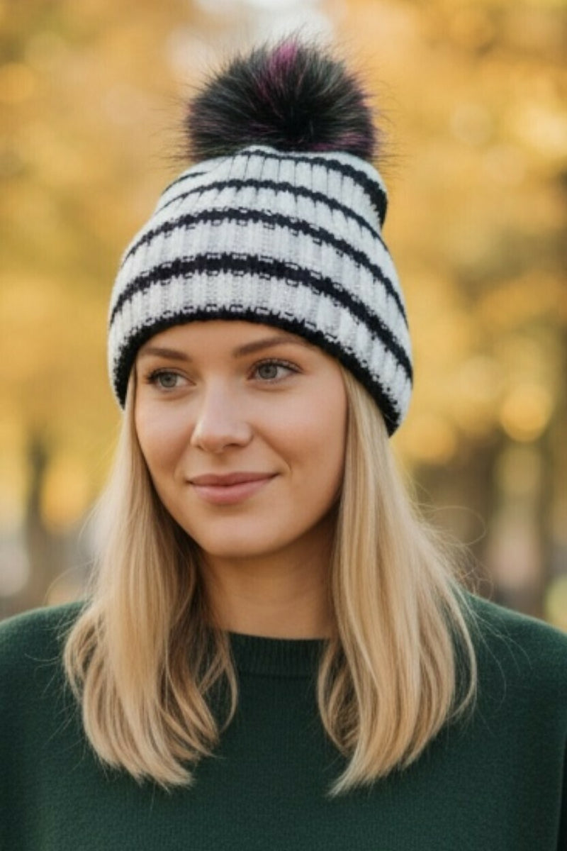 Maxwell Black & White Striped Beanie - Front