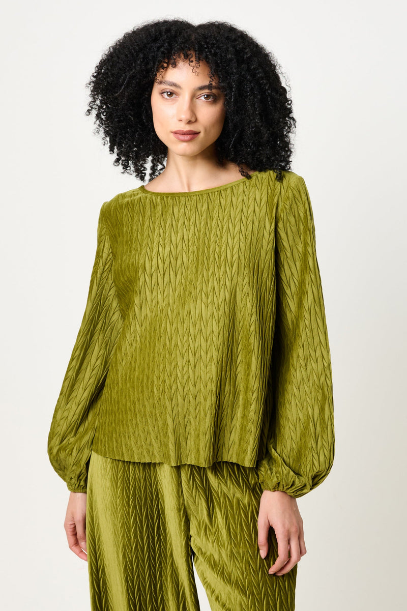 Aba Velvet Pleat Long Sleeve Top - Kiwi - Front