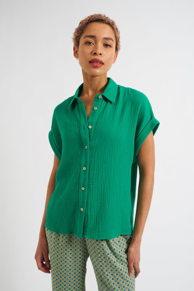 Abinaya Double Gauze Short Sleeved Shirt - Green - Front