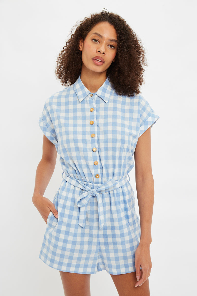 Louche Addie Picnic Check Playsuit In Blue - Front