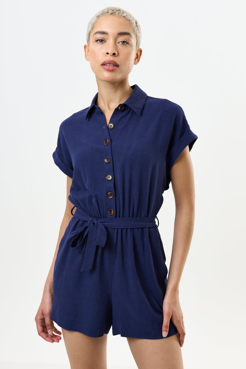 Addie Linen Mix Navy Playsuit - Front