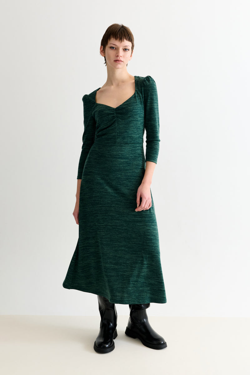 Ambrose Sustainable Marl Sweetheart Neck Midi Dress – Green - Front