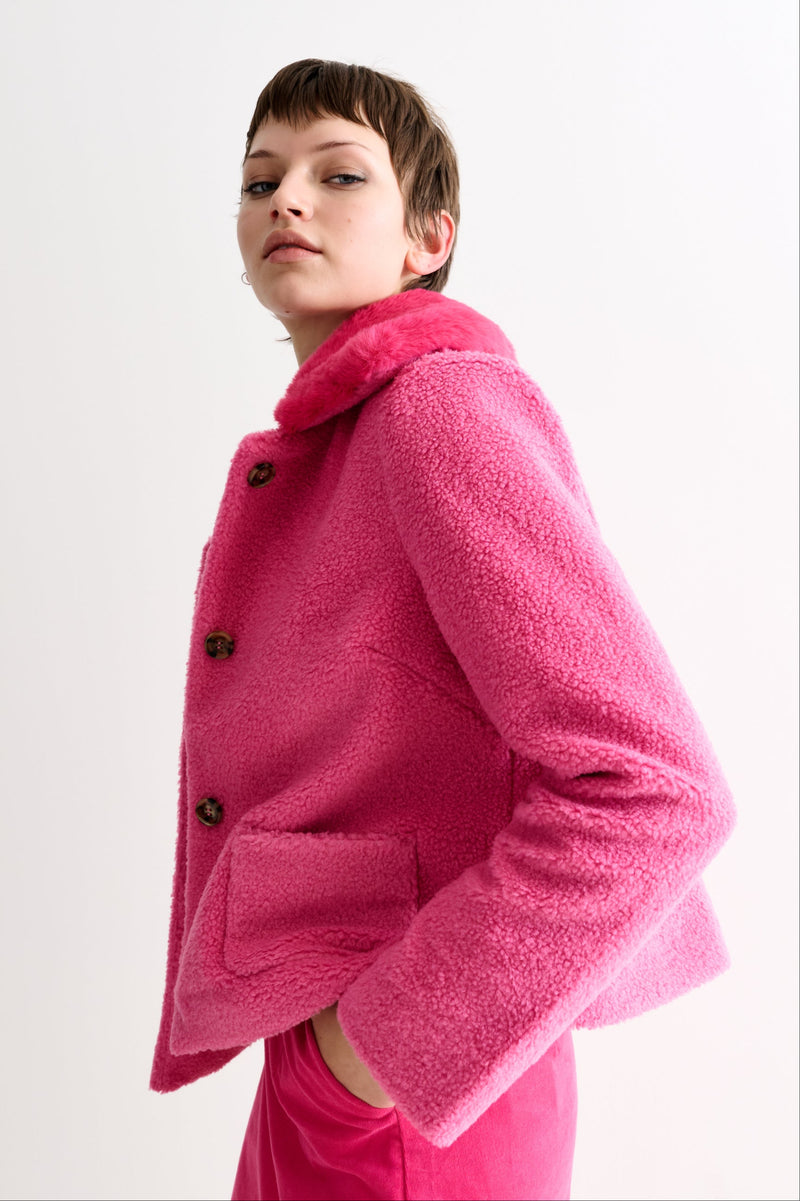 Apple Borg Faux Fur Collar Cropped Jacket – Pink - Front