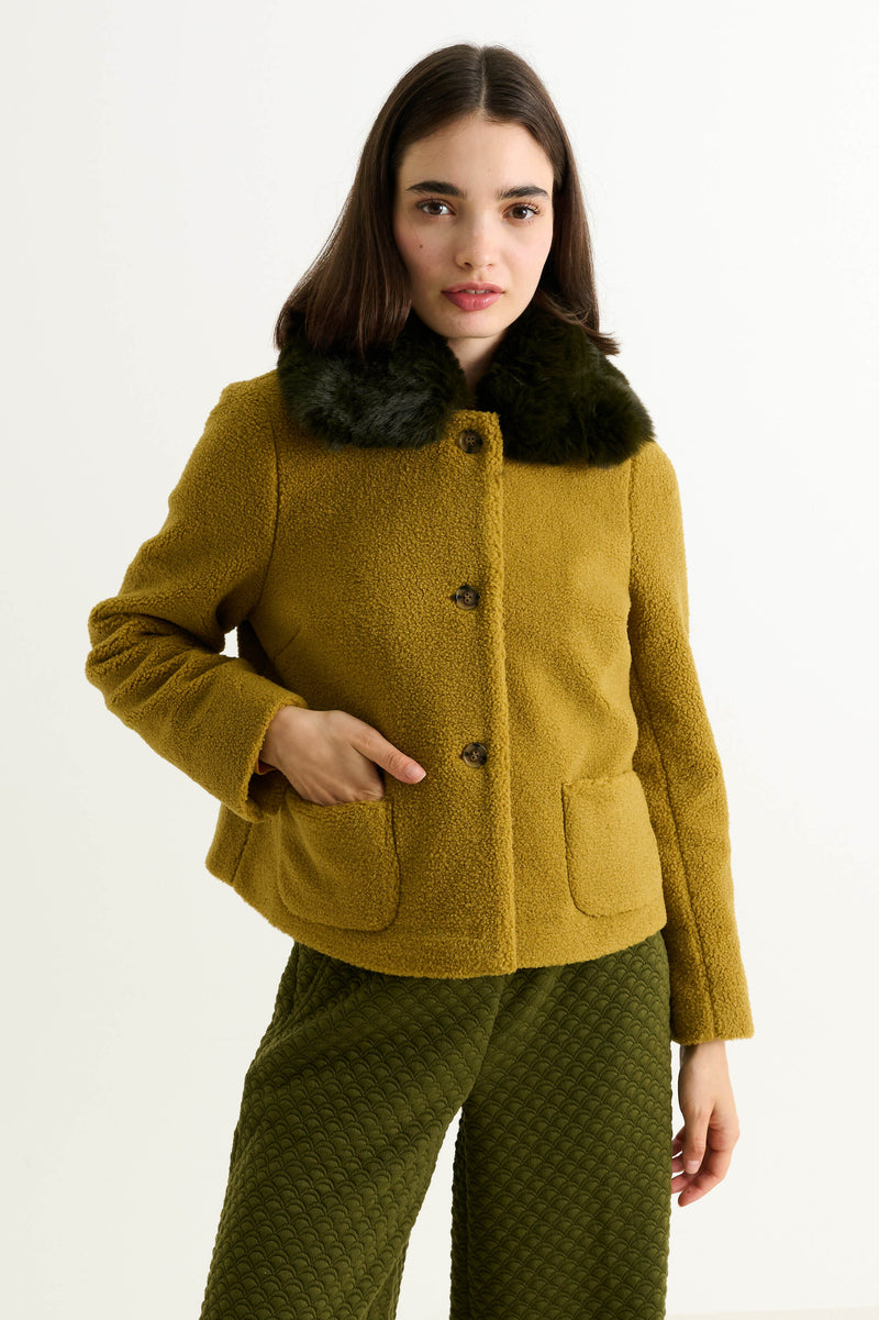 Apple Borg Faux Fur Collar Cropped Jacket – Mustard - Front