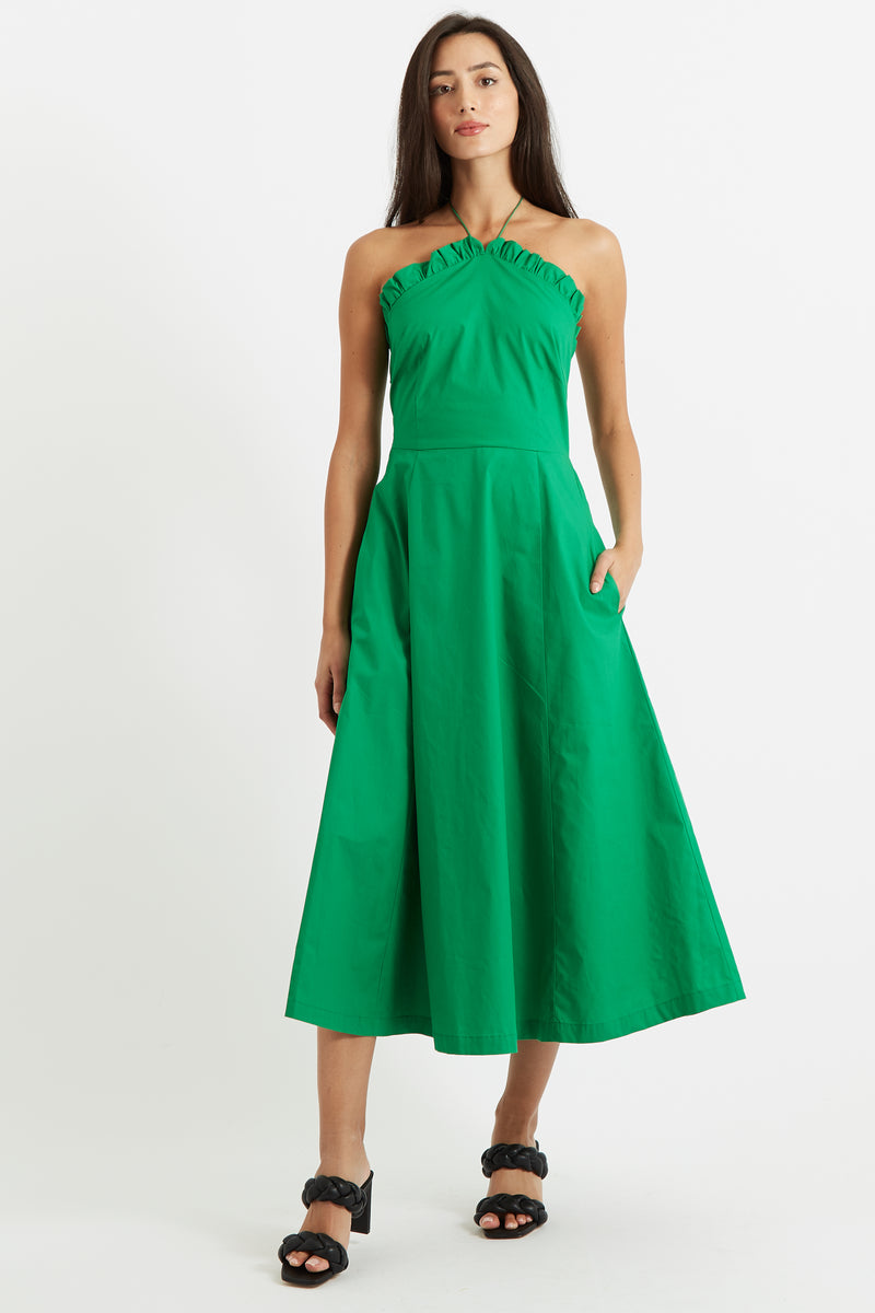 Aria Poplin Halter Neck Green Midi Dress - Front
