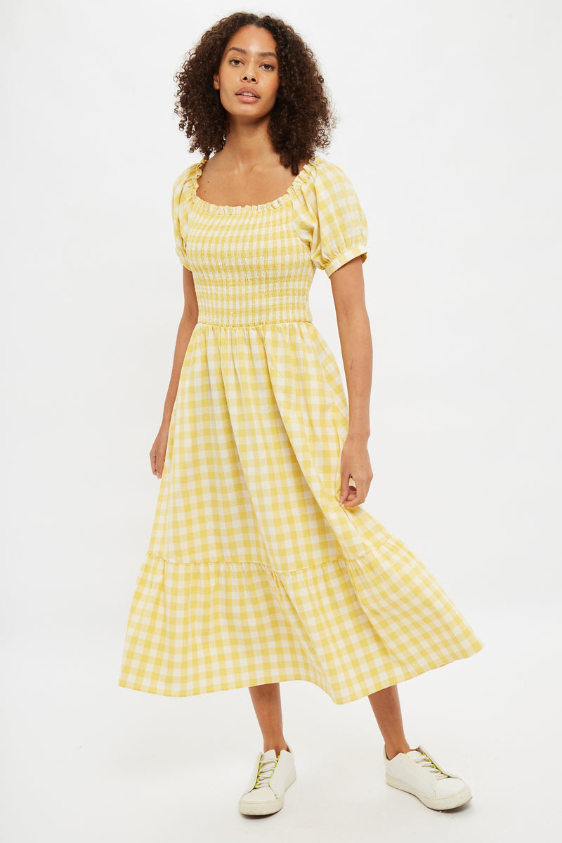 Louche Babette Picnic Checked Shirred Bodice Midi Dress - Front