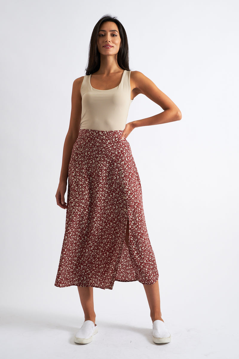 Barney Floral Print Midi Skirt Rust - Front