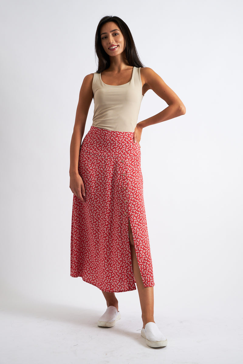 Barney Petale Print Midi Skirt Red - Front