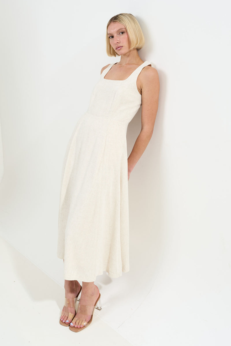 Baya Linen Mix Square Neck Midi Dress - Natural - Front
