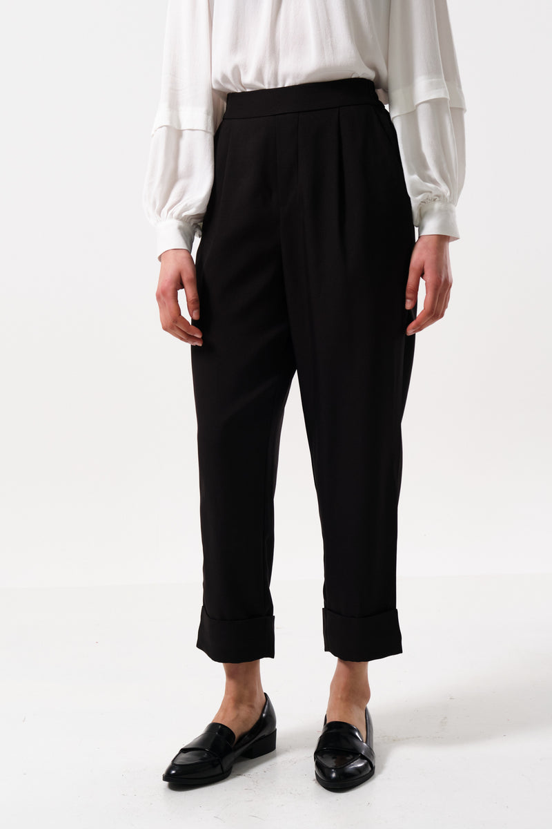 Bayeux Sustainable Satin Back Crepe Trouser - Black - Front