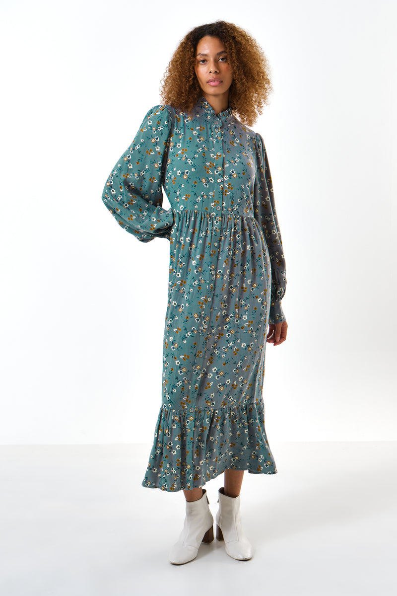 Bricia Naïve Posy Print Tiered Midi Dress - Teal - Front