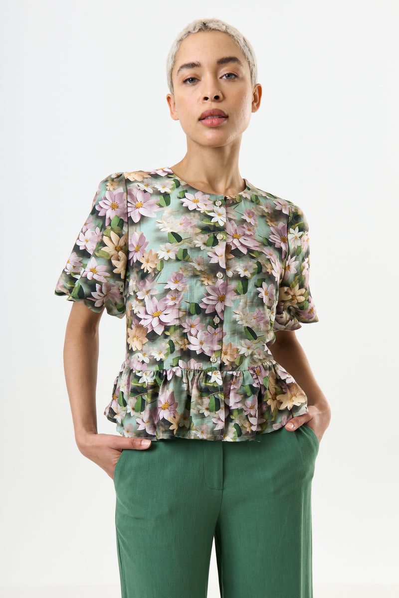 Camile 3D Daisy Print Peplum Blouse - Green - Front