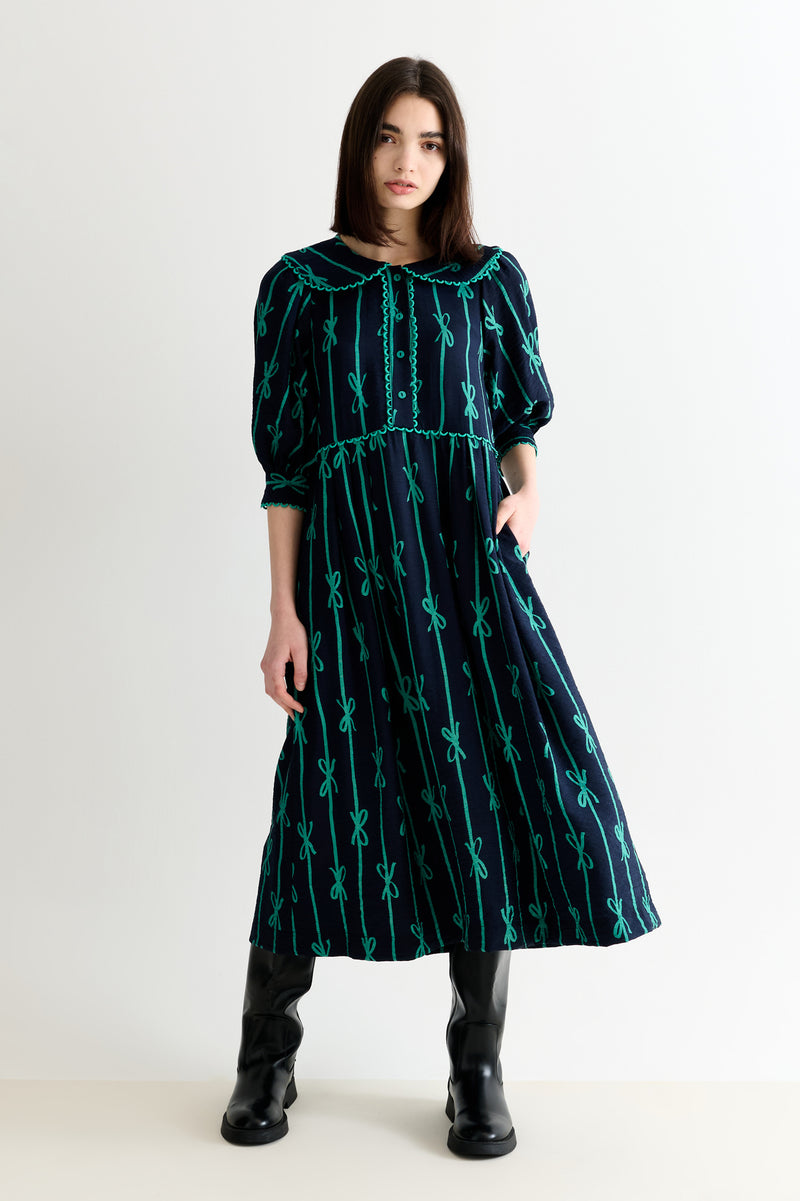 Caris Tie Up Statement Collar 3/4 Sleeve Midi Dress – Navy - Front