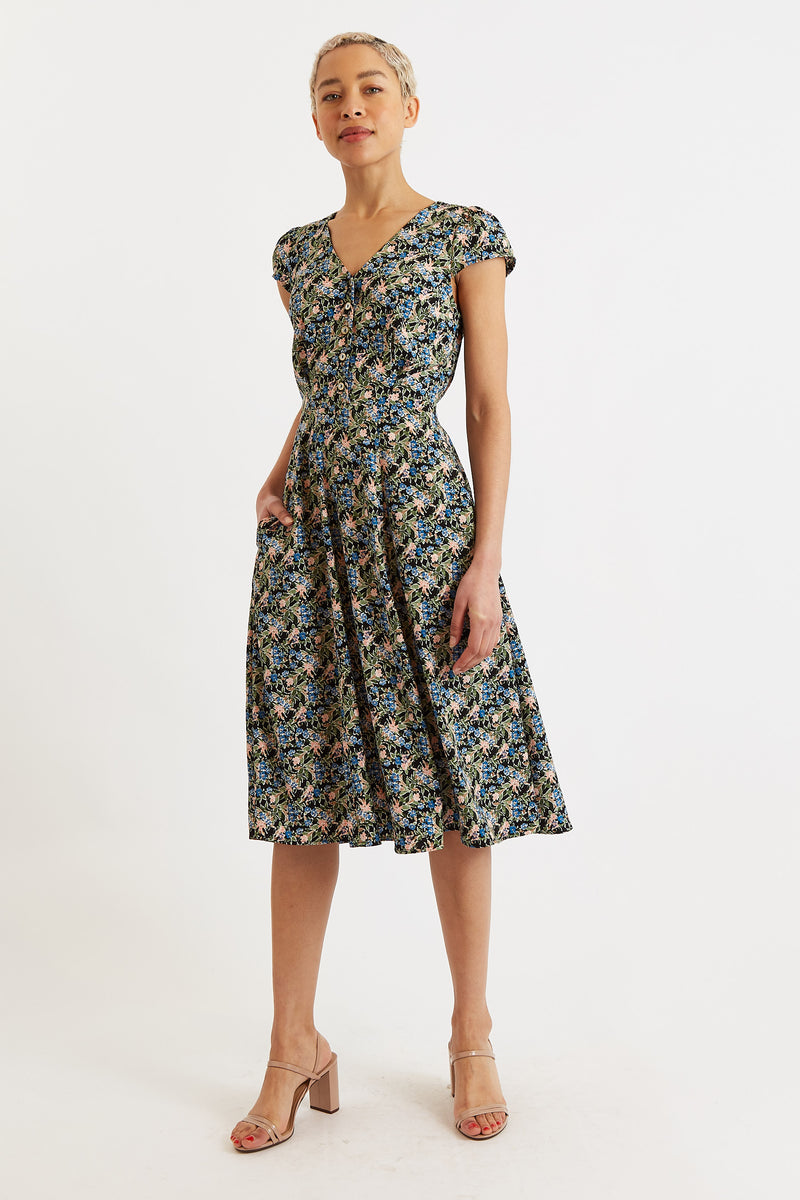 Cathleen Midi Watercolour Floral Tea Dress - Front