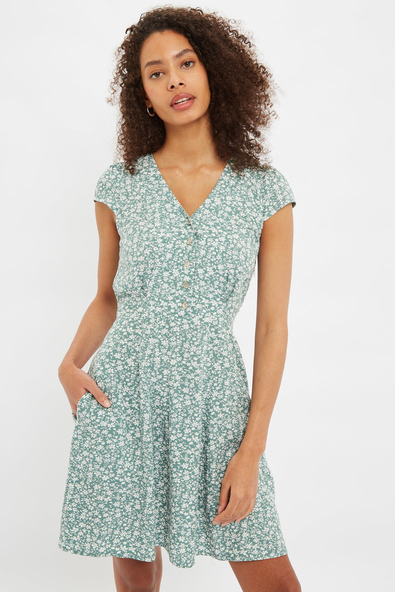 Louche Cathleen Micro Blossom Print Mini Tea Dress In Green - Front