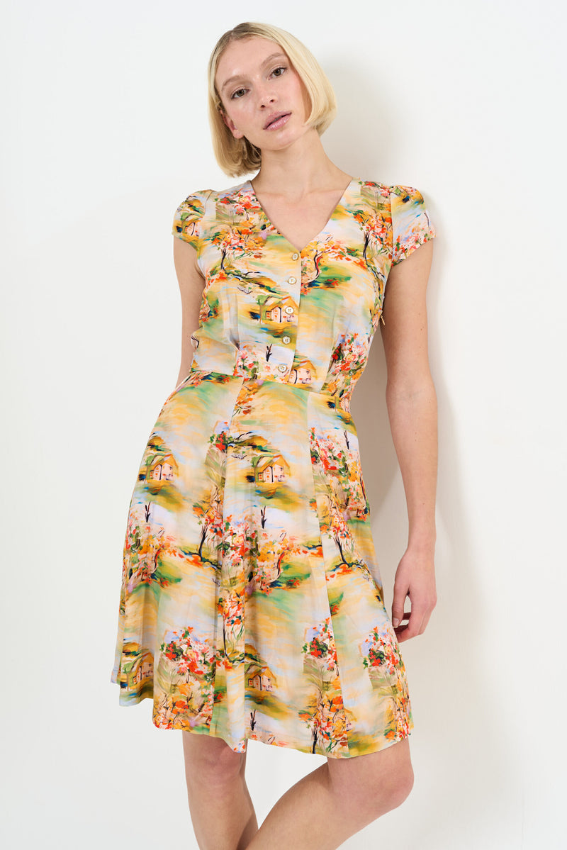 Cathleen Mini Oriental Landscape Print Tea Dress - Yellow - Front