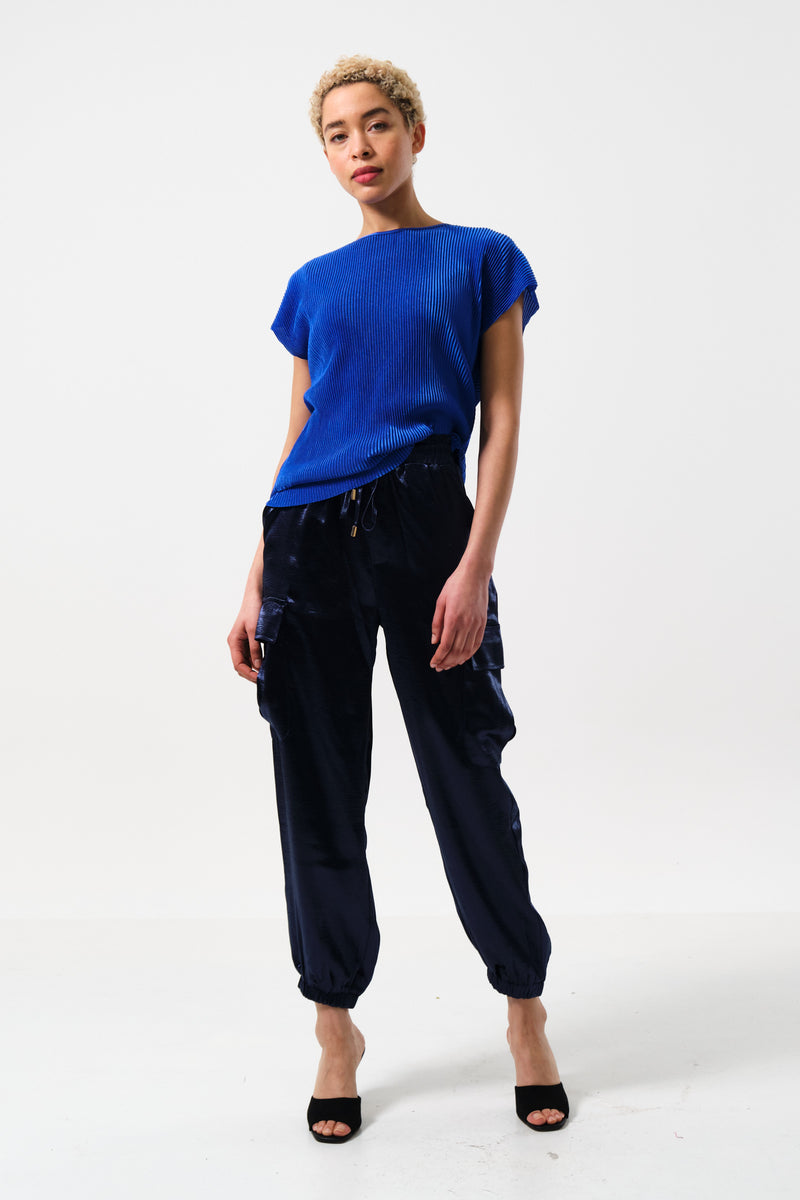 Chava Satin Cargo Pant in Navy - Front