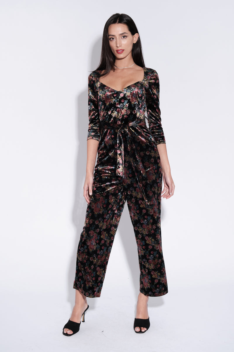 Cherokee Rose Bowl Print Velvet Jumpsuit - Front