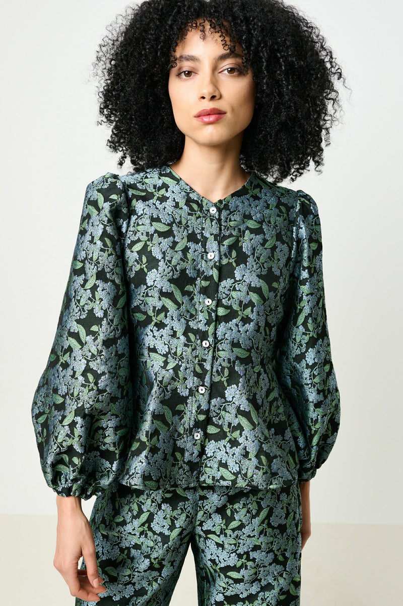 Clementine Blossom Jacquard Peplum Blouse - Black - Front