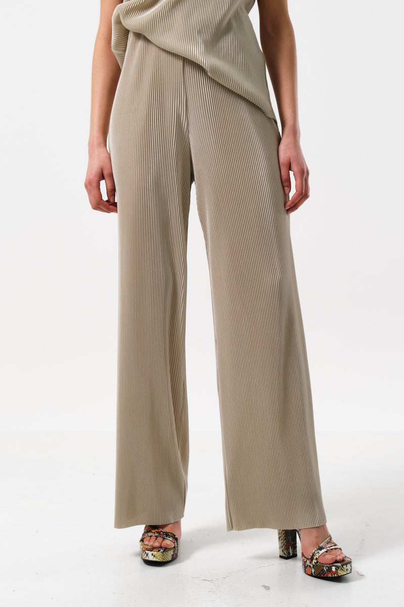 Clothide Pleated Wide Leg Trousers - Stone - Front