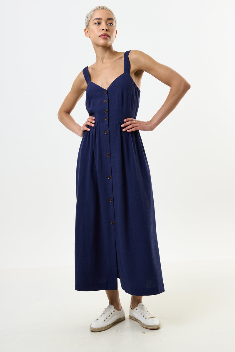 Clover Linen Mix Midi Sundress Navy - Front