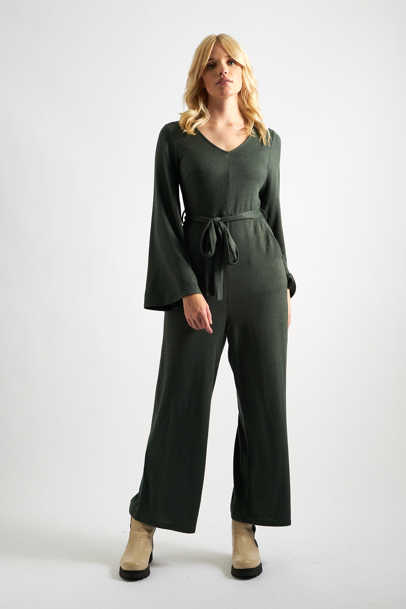 Coraline Brushed Marl Green V-Neck Jumpsuit - Front