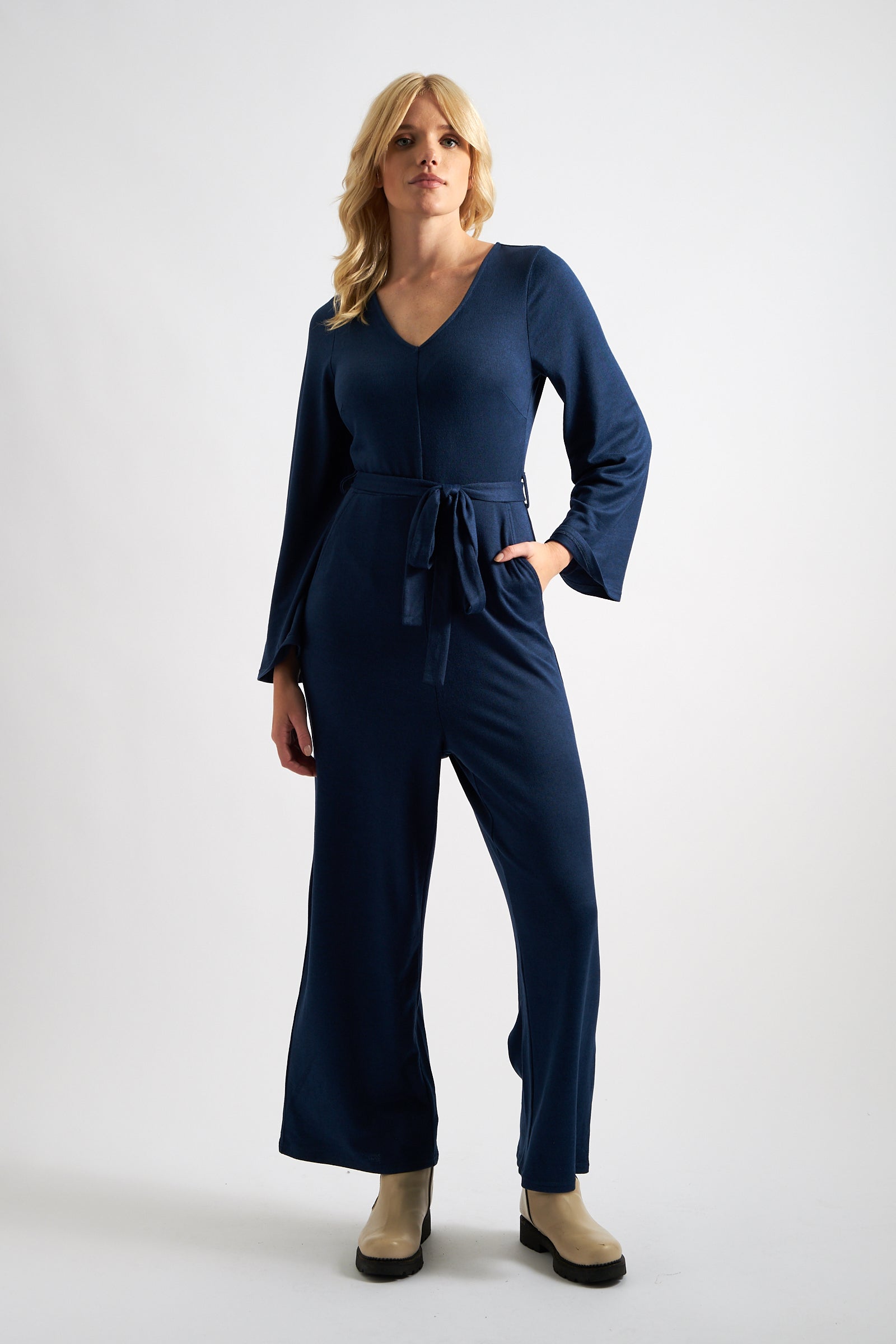 Navy v neck jumpsuit sales