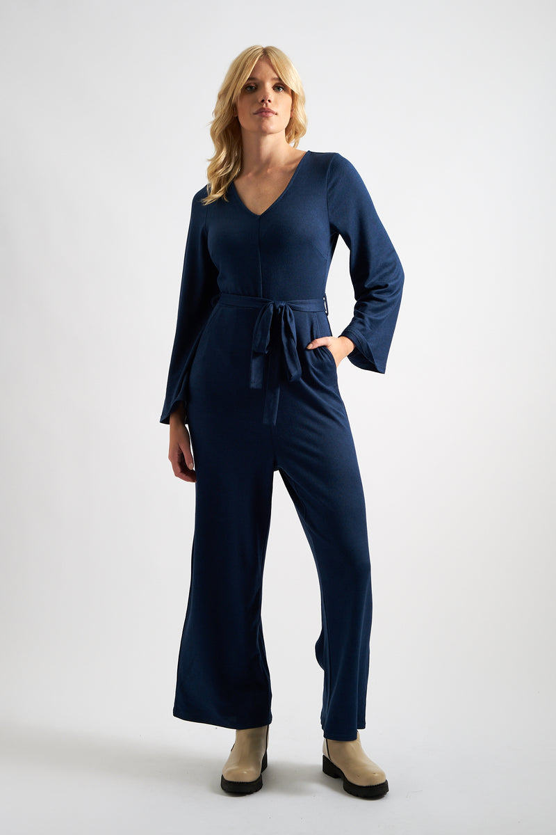 Coraline Brushed Marl Navy V-Neck Jumpsuit - Front
