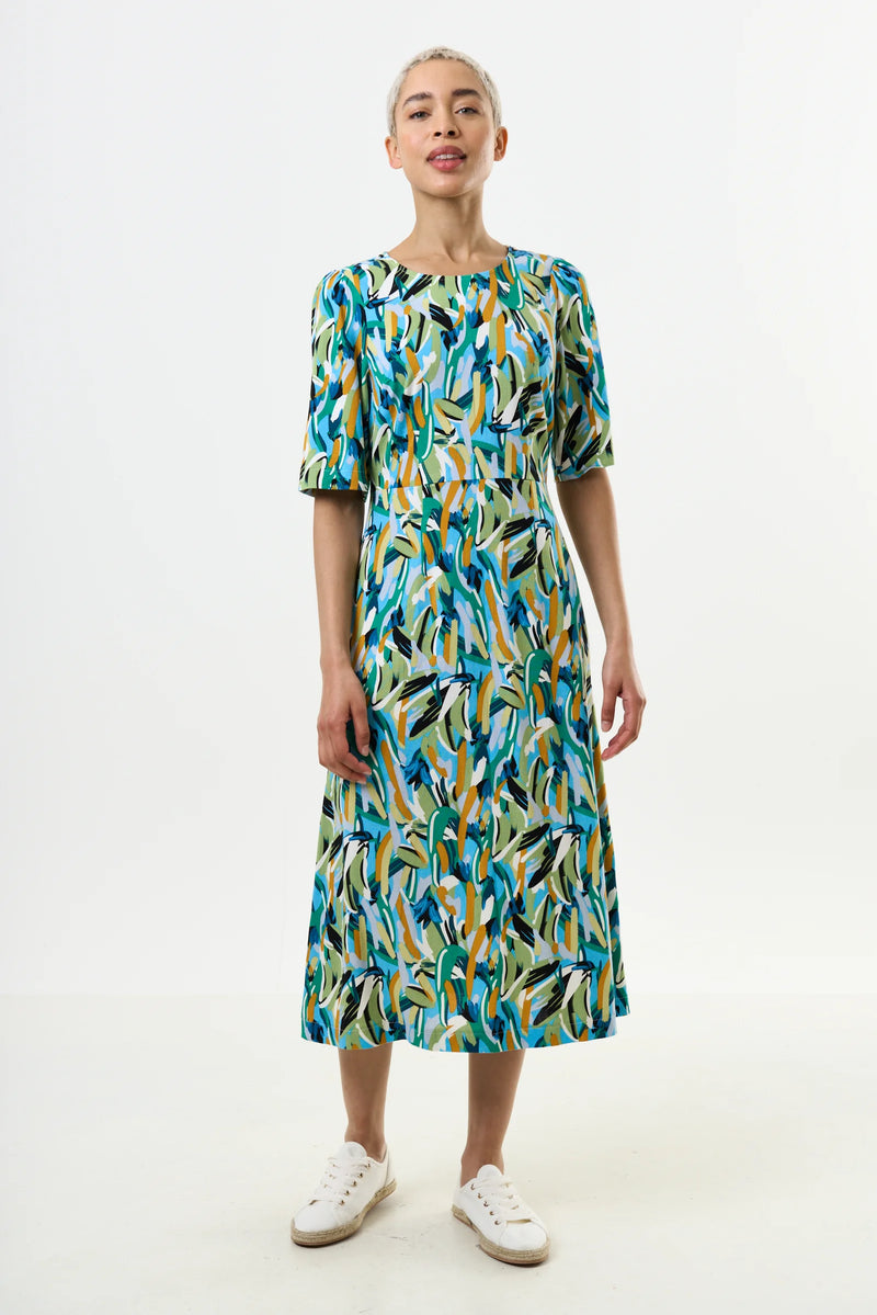 Corrine Brushstroke Print Short Sleeve Midi Dress - Green - Front