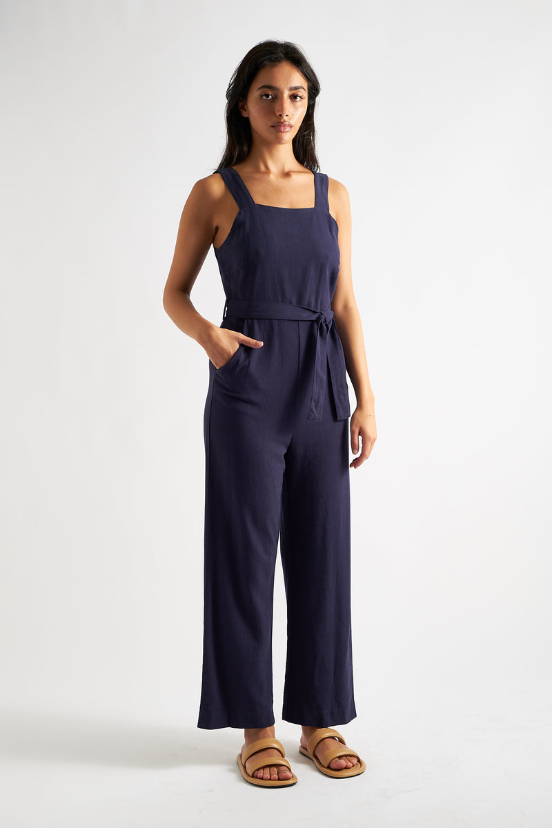 Dawson Linen Mix Strappy Jumpsuit - Navy - Front