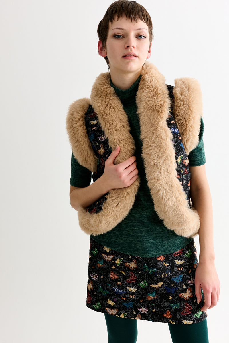 Dominica Butterfly Ball Jacquard Faux Fur Trimmed Waistcoat – Multicoloured - Front