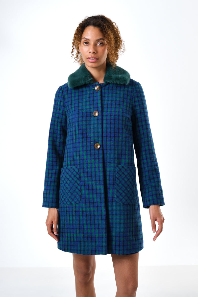 Dryden Wyoming Check Faux Fur Collar Coat - Blue - Front