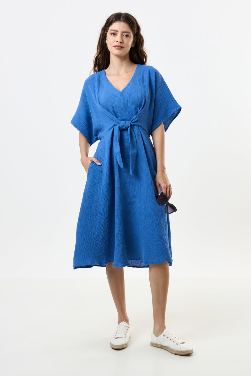 Elody Double Gauze Tie Waist Midi Dress - Blue - Front