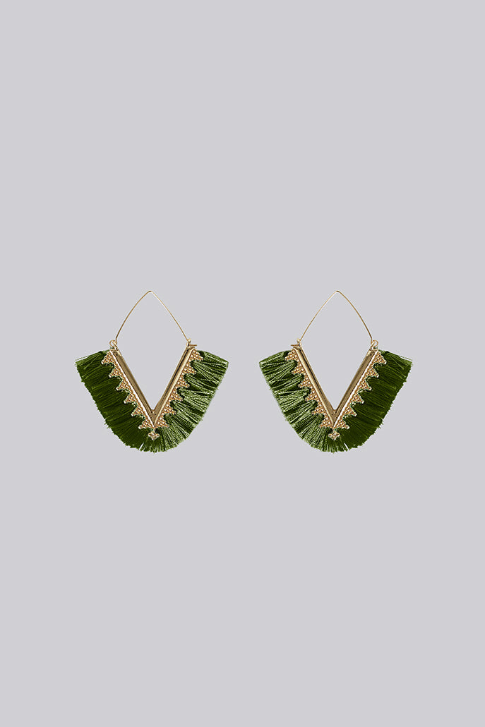 Edna V-Shape Silk Tassel Hoop Earrings - Khaki - Front