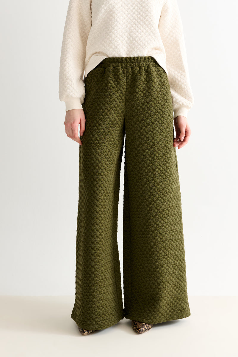 Flory Scallop Quilt Wide Leg Trouser - Moss Green - Front