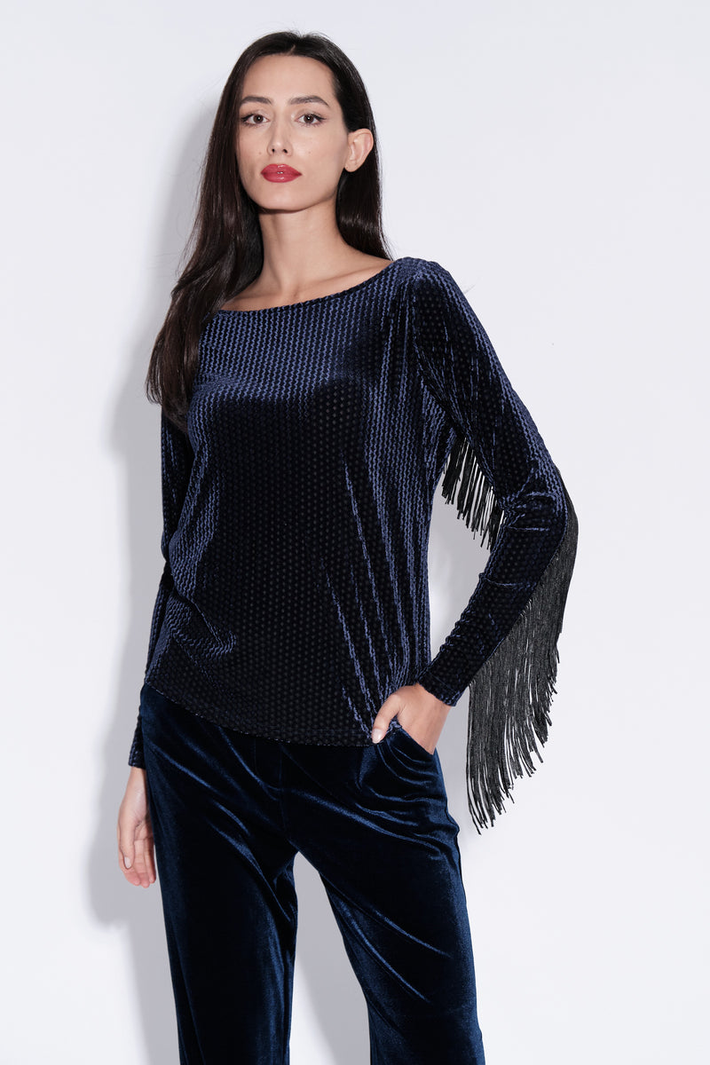 Fred Fringe Velvet Tunic in Navy - Front
