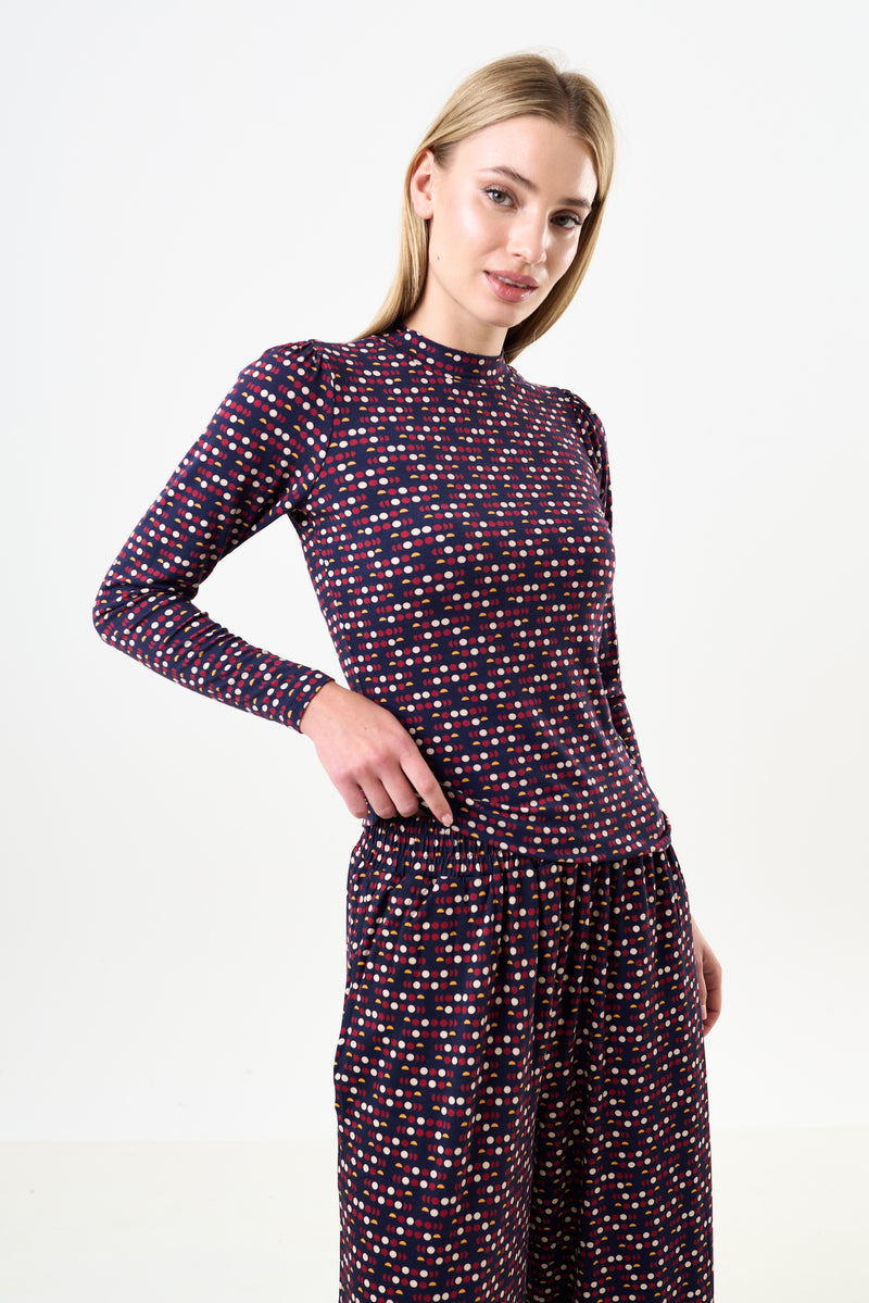 Gilly Retro Dots Print Long Sleeve Top - Front
