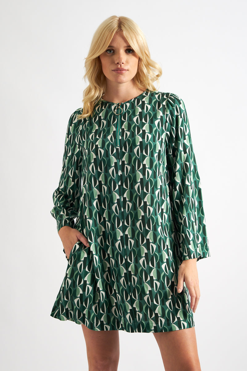 Gwenola Mid Century Retro Print Mini Dress - Green - Front