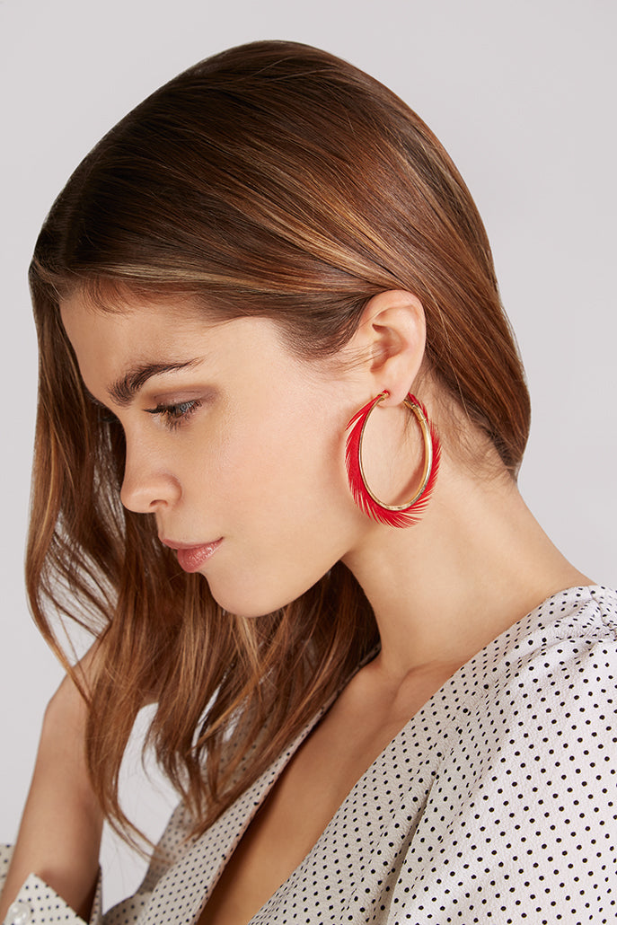 Gigi Red Feather Hoop Earrings - Front