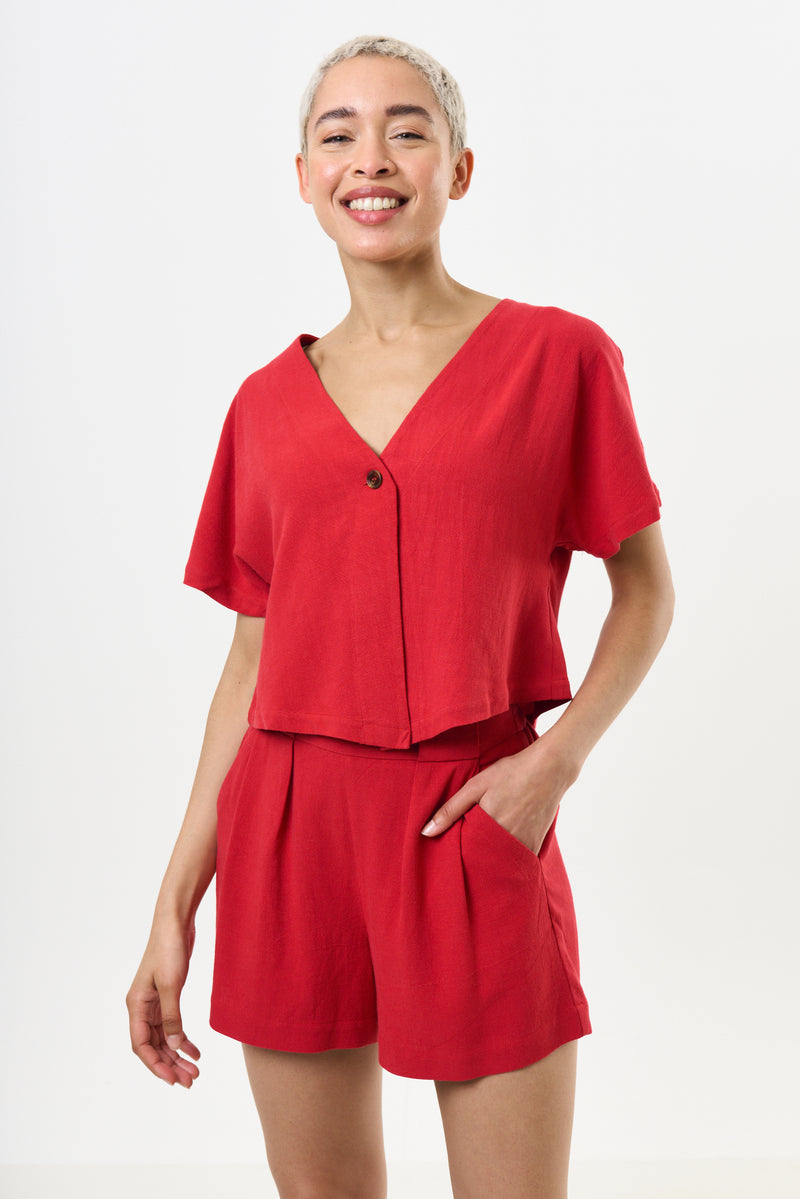 Hilton Linen Mix Shorts - Red - Front