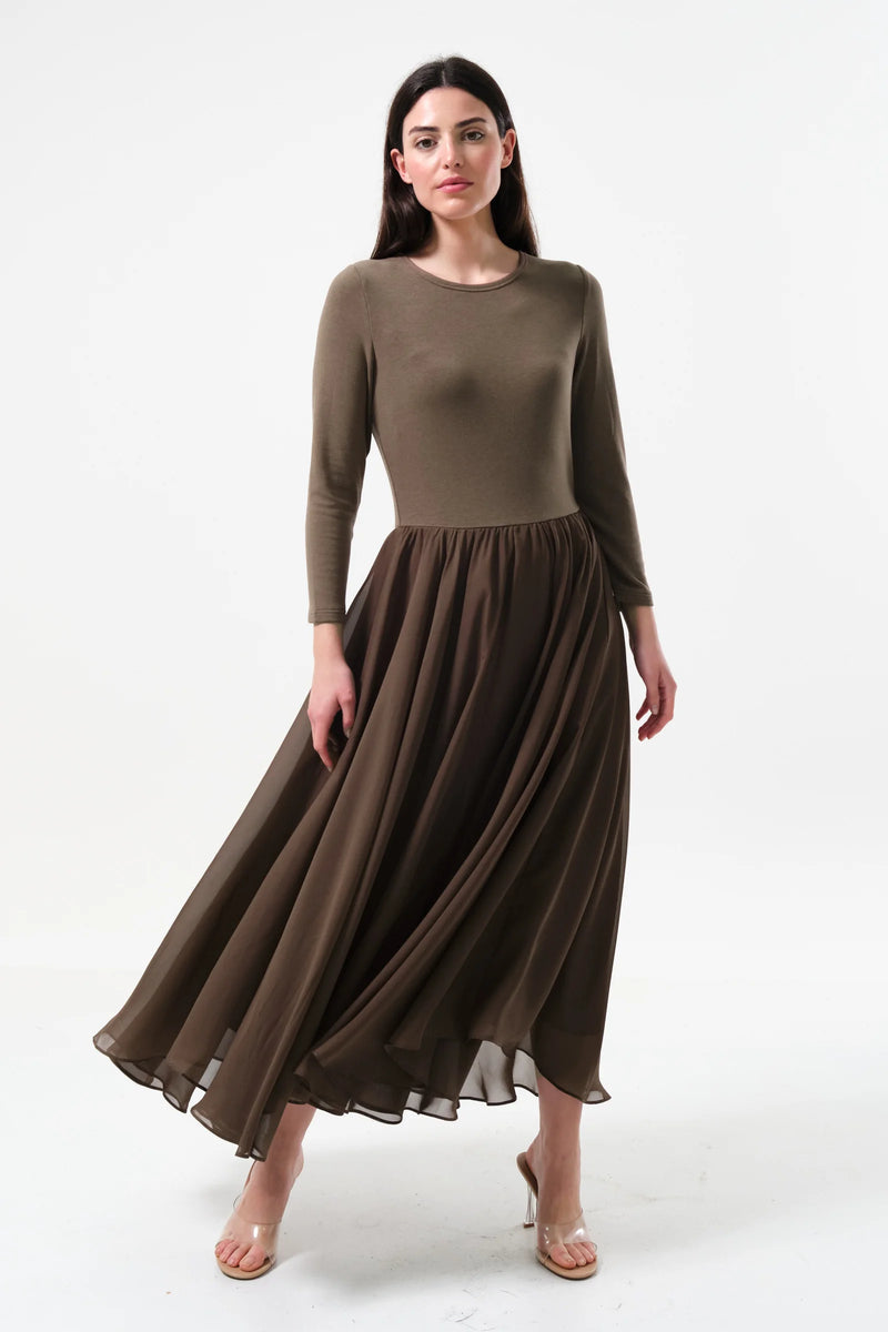 Huxley Jersey & Georgette Midi Dress - Mole - Front