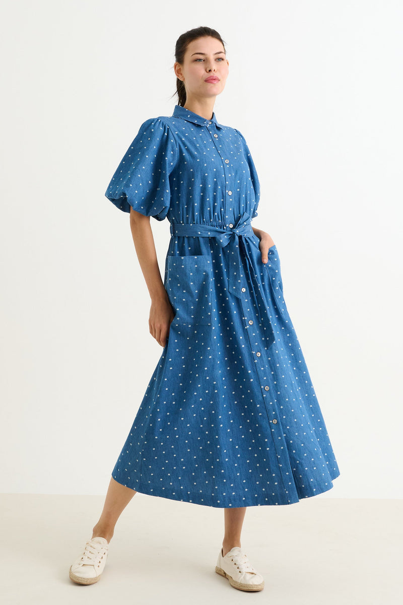 Lola Flower Dot Print Balloon Sleeve Shirtdress - Blue - Front