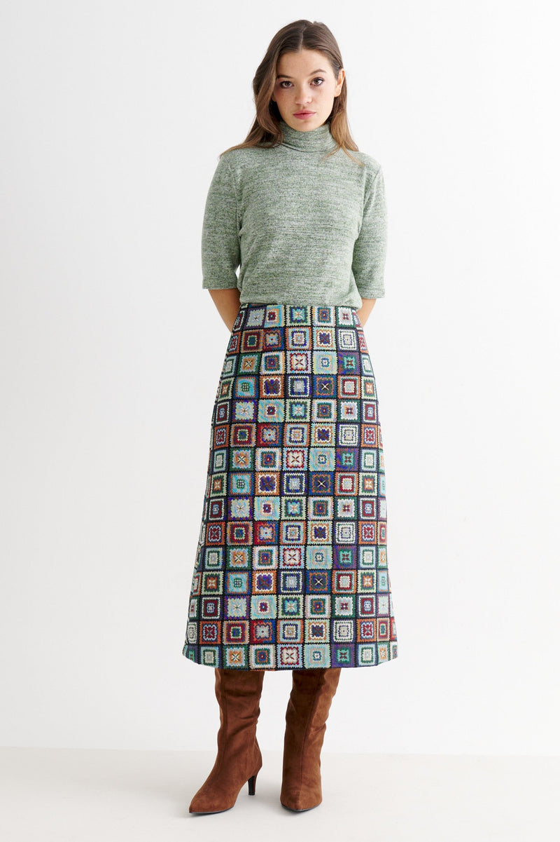 Buffy 70's Patch Jacquard Midi Skirt - Front