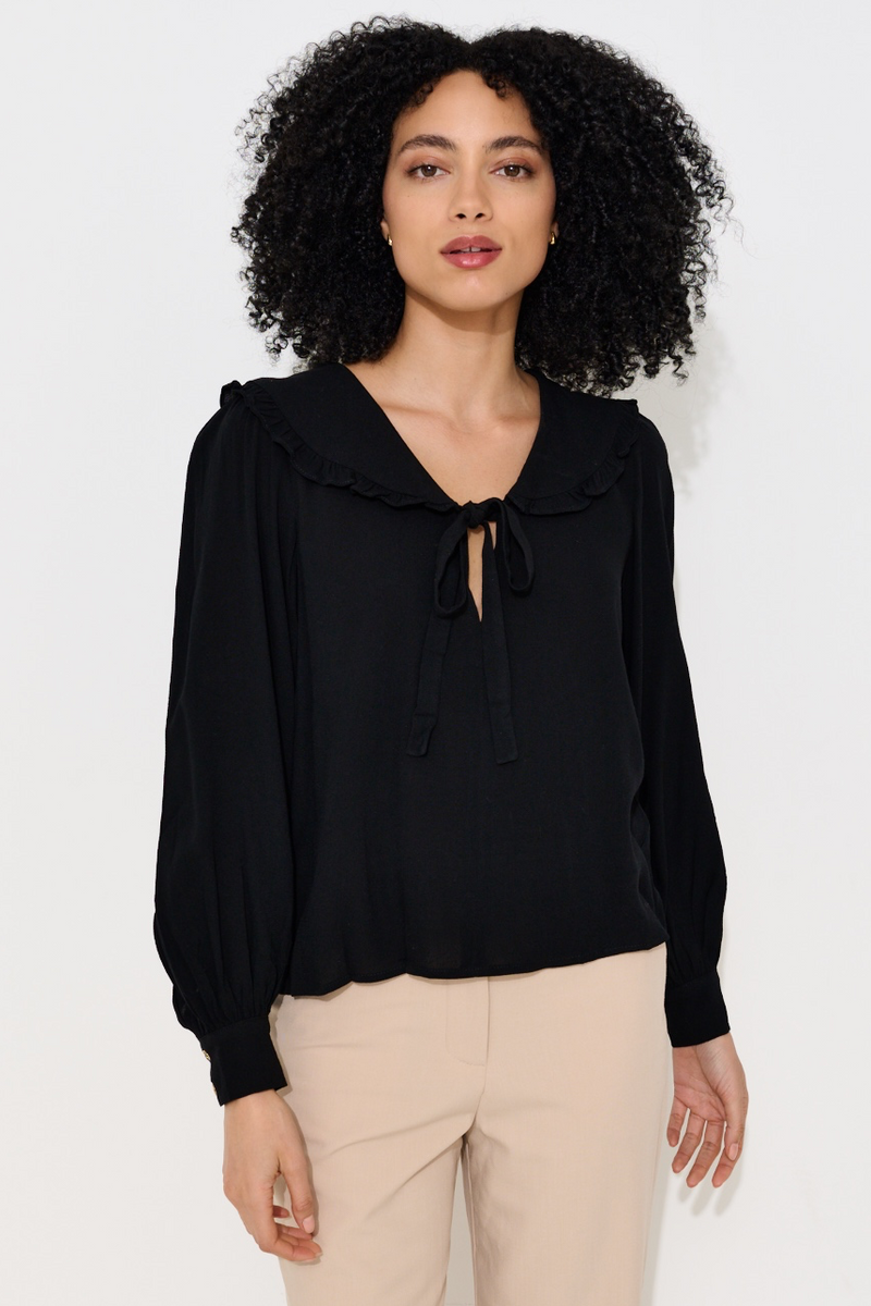 Gaela Moss Crepe Statement Collar Long Sleeve Blouse - Front