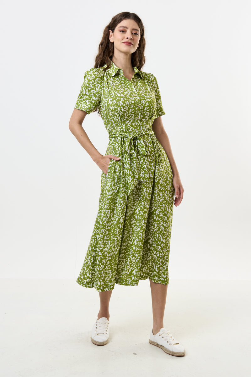 Inesa Negative Floral Print Short Sleeve Midi Shirtdress - Green - Front