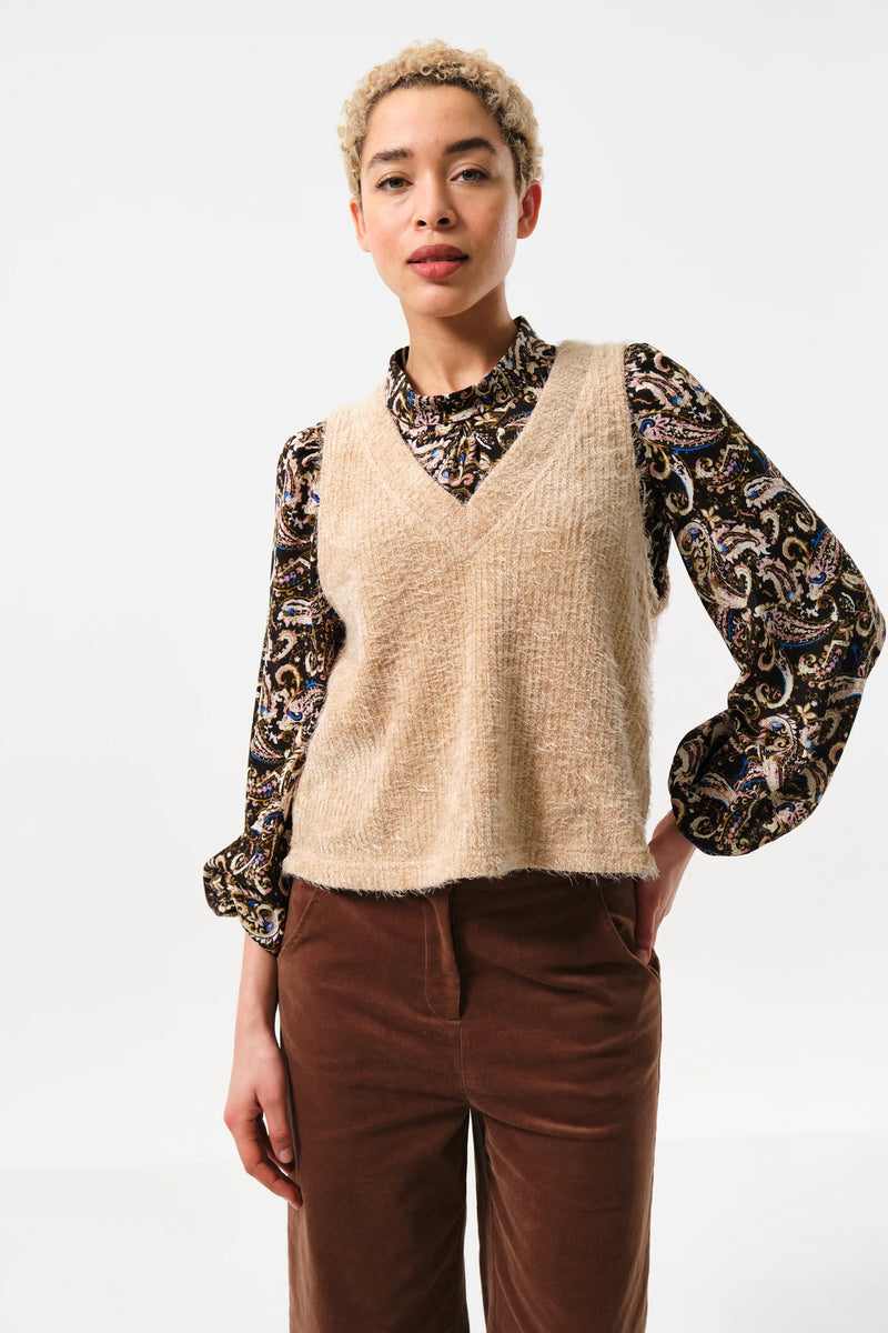 Isaac Eyelash V-Neck Tank Top - Beige - Front