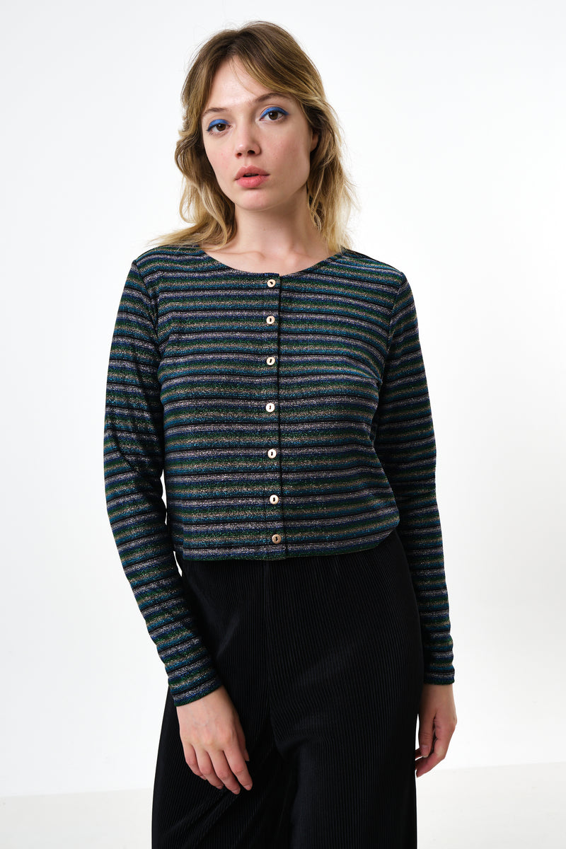 Jayda Sparkle Stripe Cardigan - Silver - Front