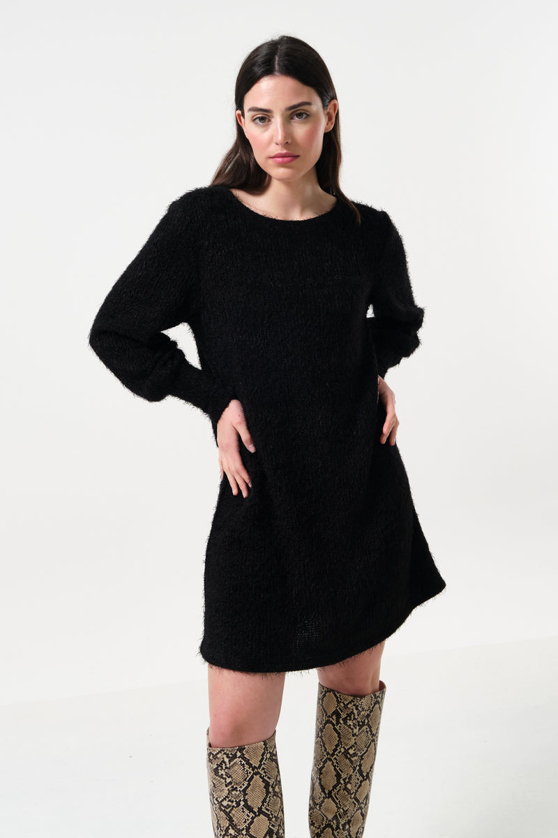 Jenyfer Eyelash Rib Long Sleeve Mini Dress - Black - Front