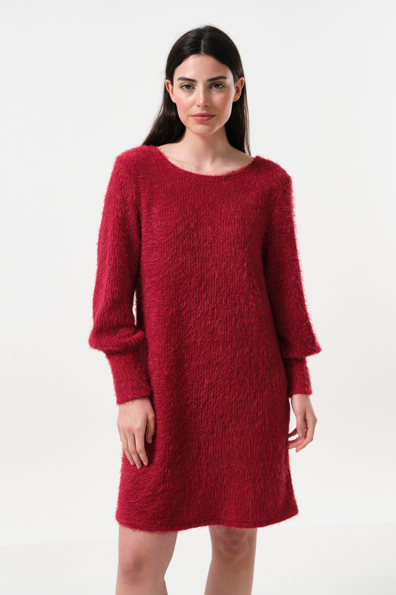 Jenyfer Eyelash Rib Long Sleeve Mini Dress - Red - Front