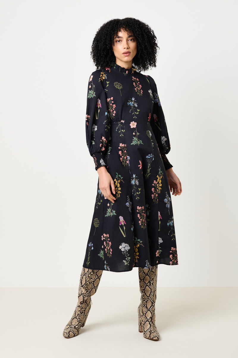 Jessie Flower Press Print Frill Neck Midi Dress - Front